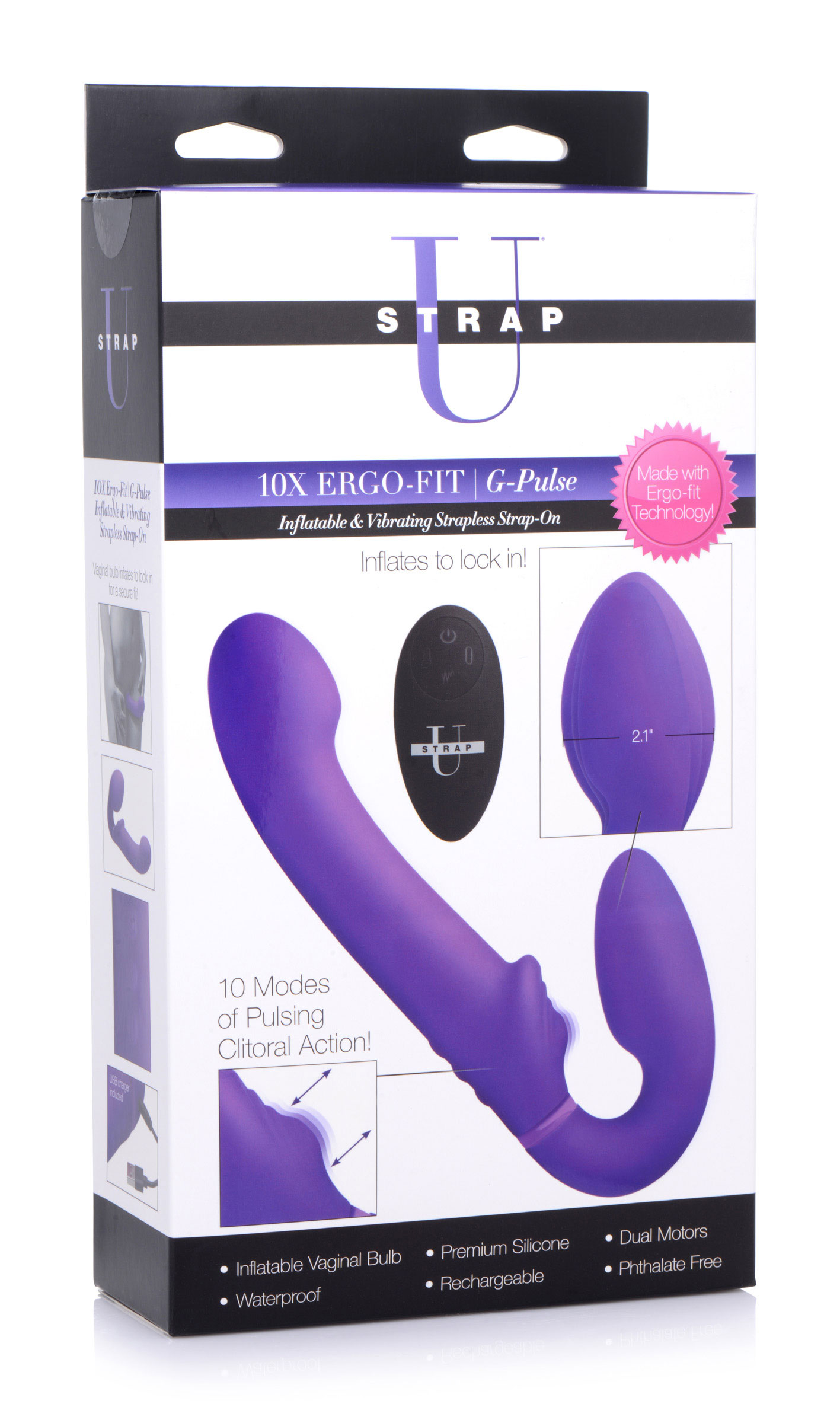 x ergo  fit g pulse inflatable and vibrating  strapless strap  on purple 