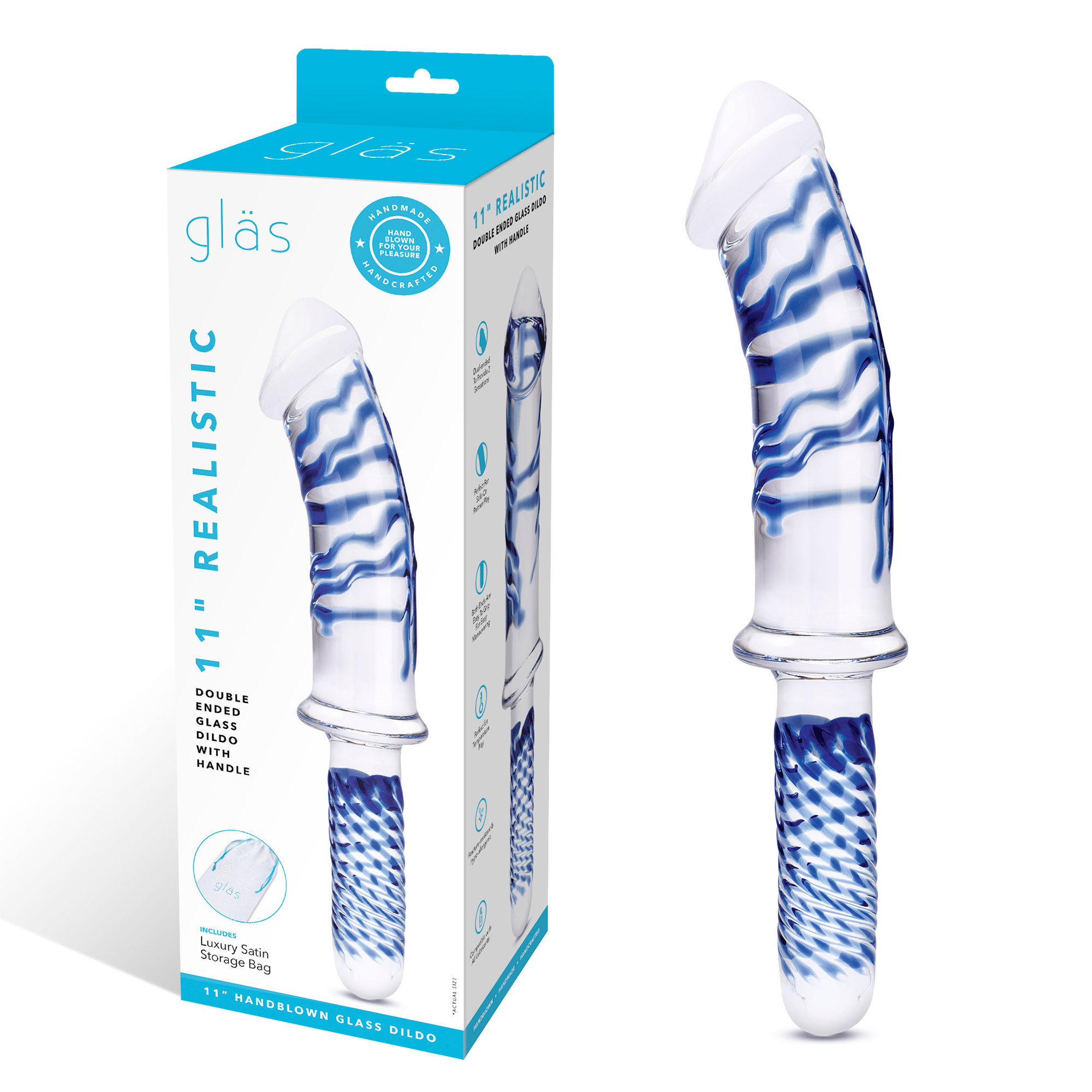 inch realistic double ended glass dildo with handle blueclear 