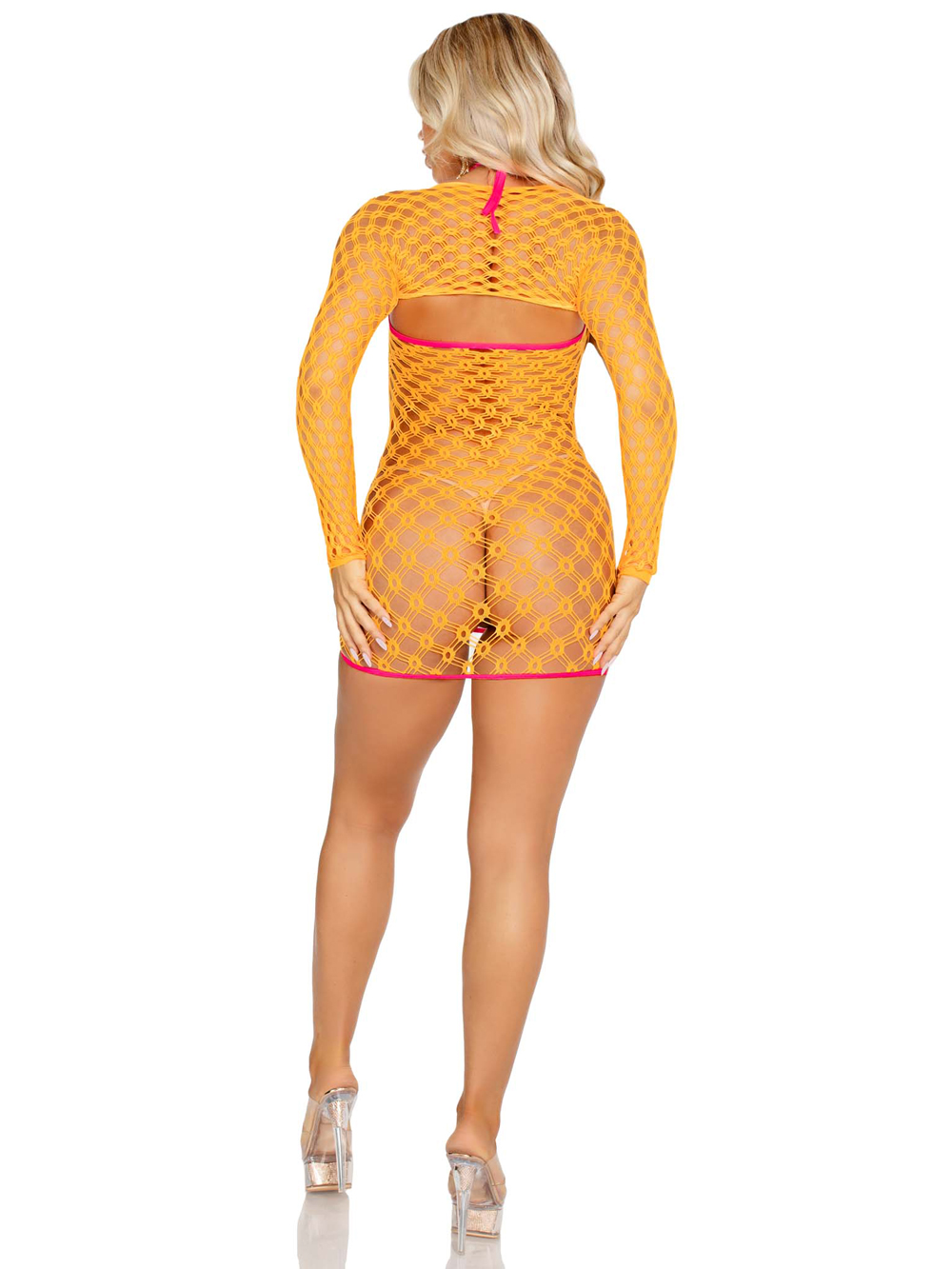 pc eyelet net mini dress with tie front keyhole and shrug o s neon orange 