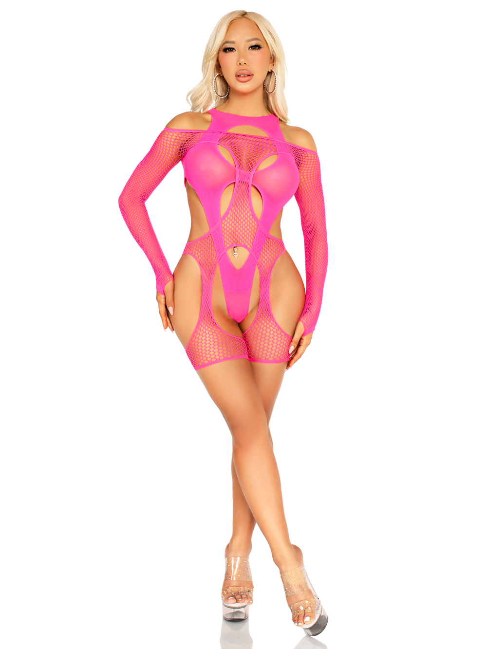 pc fishnet garter harness and opaque cut out teddy o s neon pink 