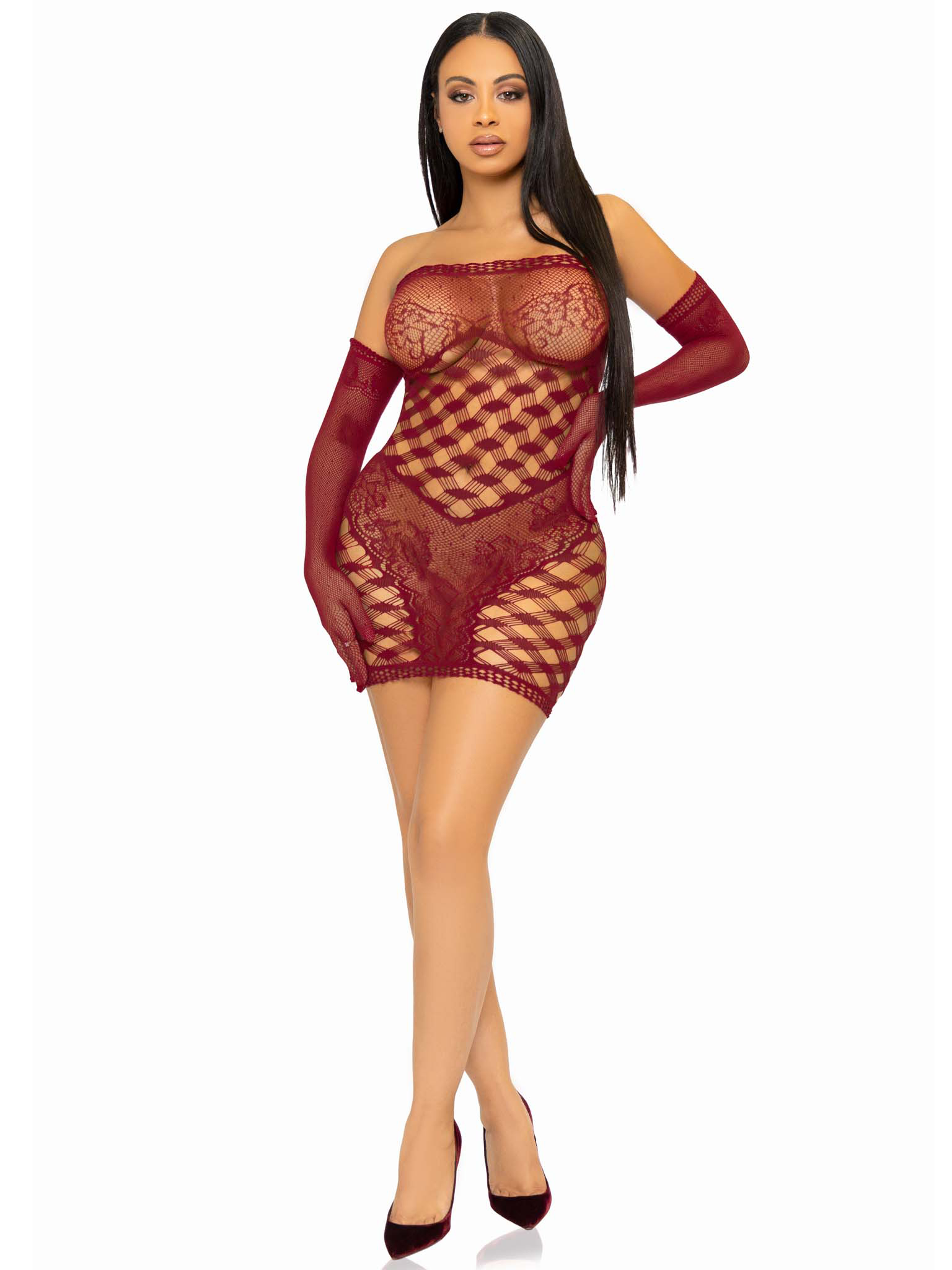 pc hardcore net tube dress with gloves one size burgundy 