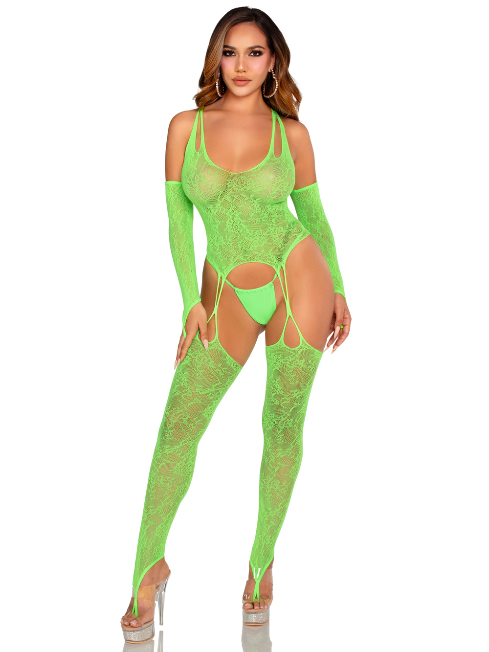 pc lace halter footless cami garter with attached toe loop stockings o s neon green 