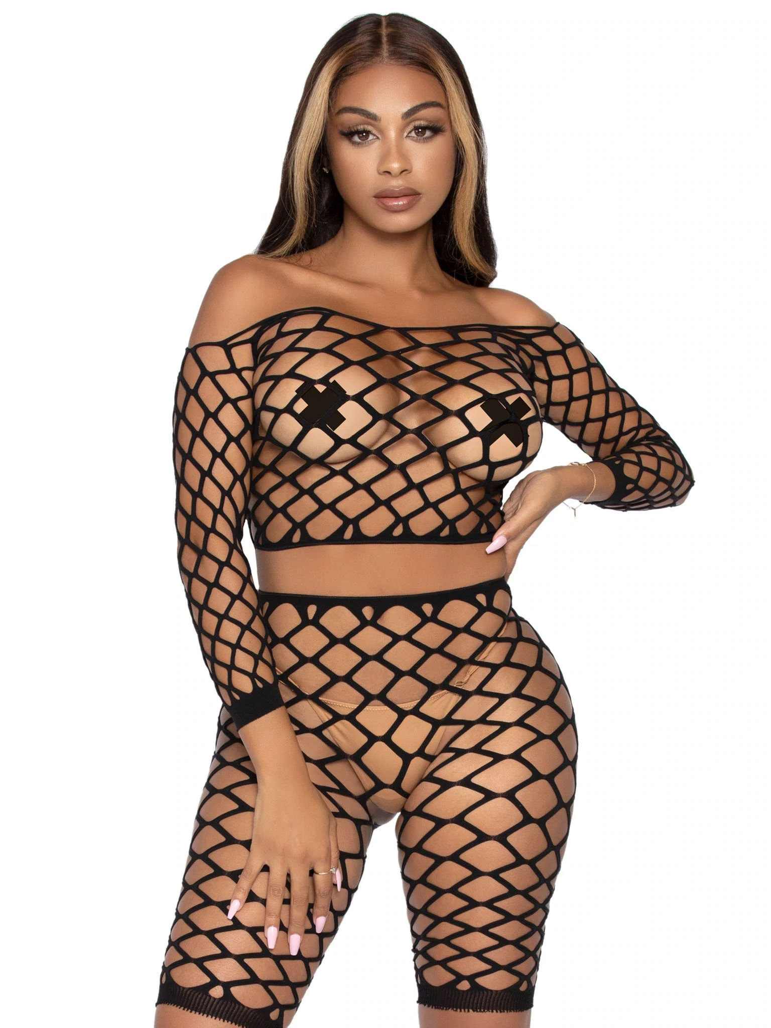 pc net crop top and bike shorts one size  black 