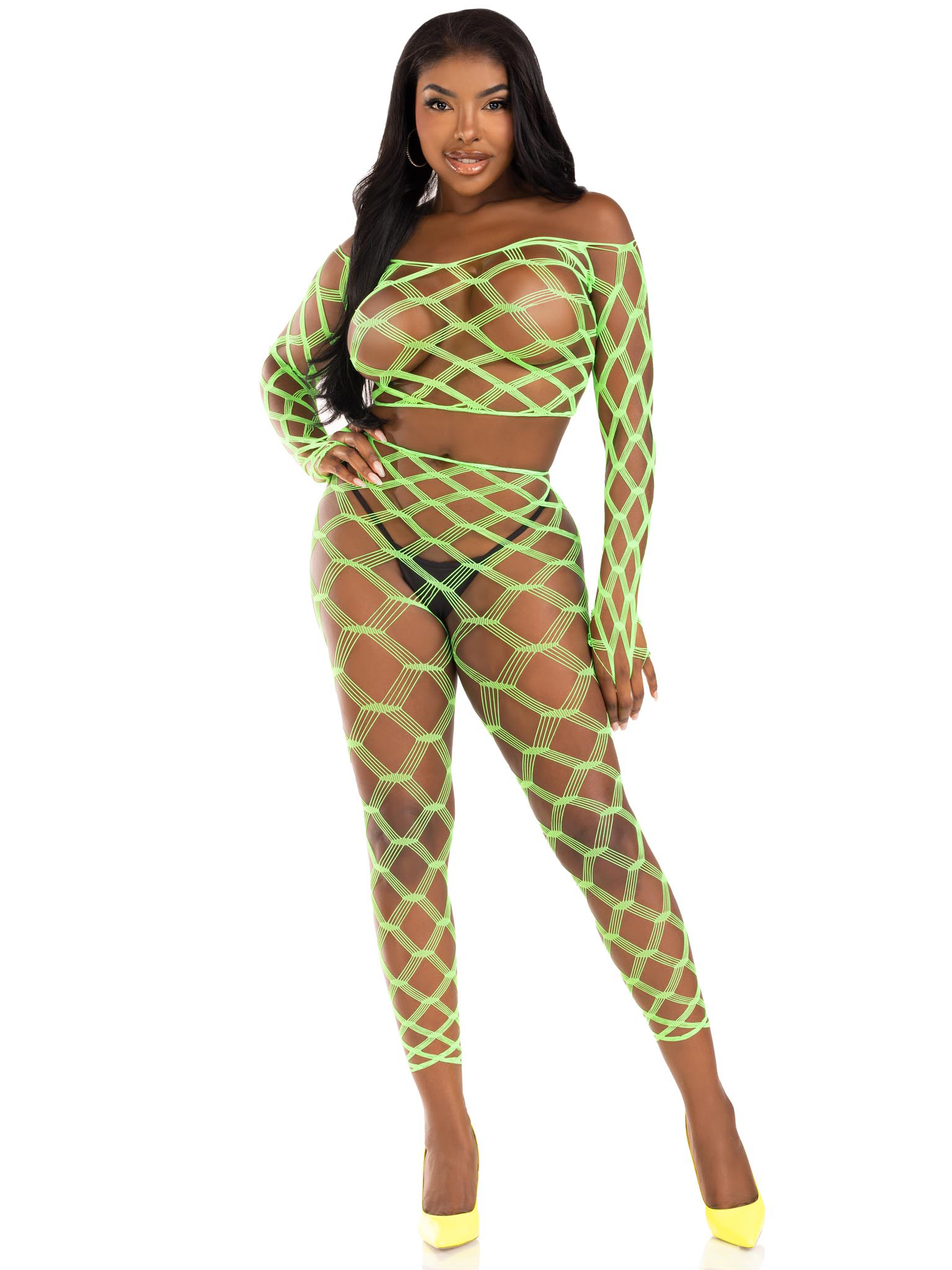 pc net crop top and footless tights one size neon green 