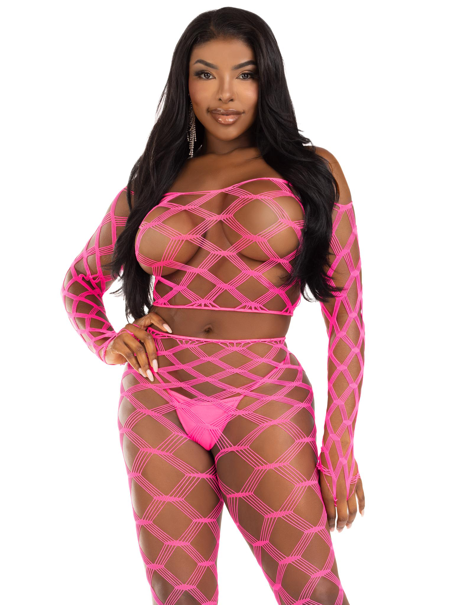 pc net crop top and footless tights one size neon pink 