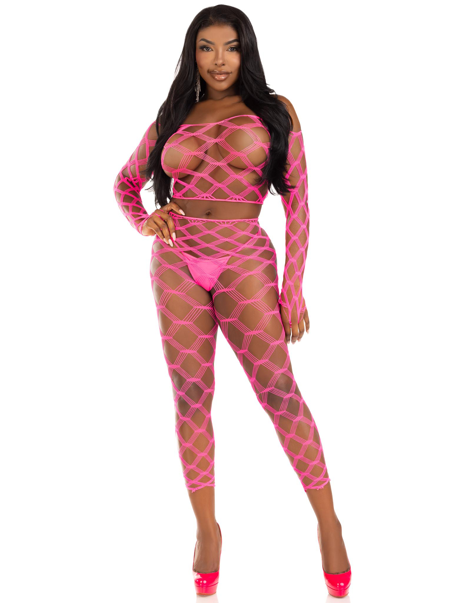 pc net crop top and footless tights one size neon pink 