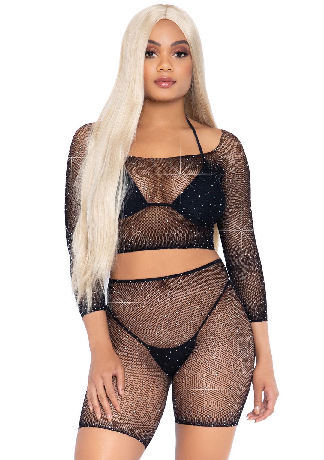 pc rhinestone fishnet crop top and biker  shorts black one size 