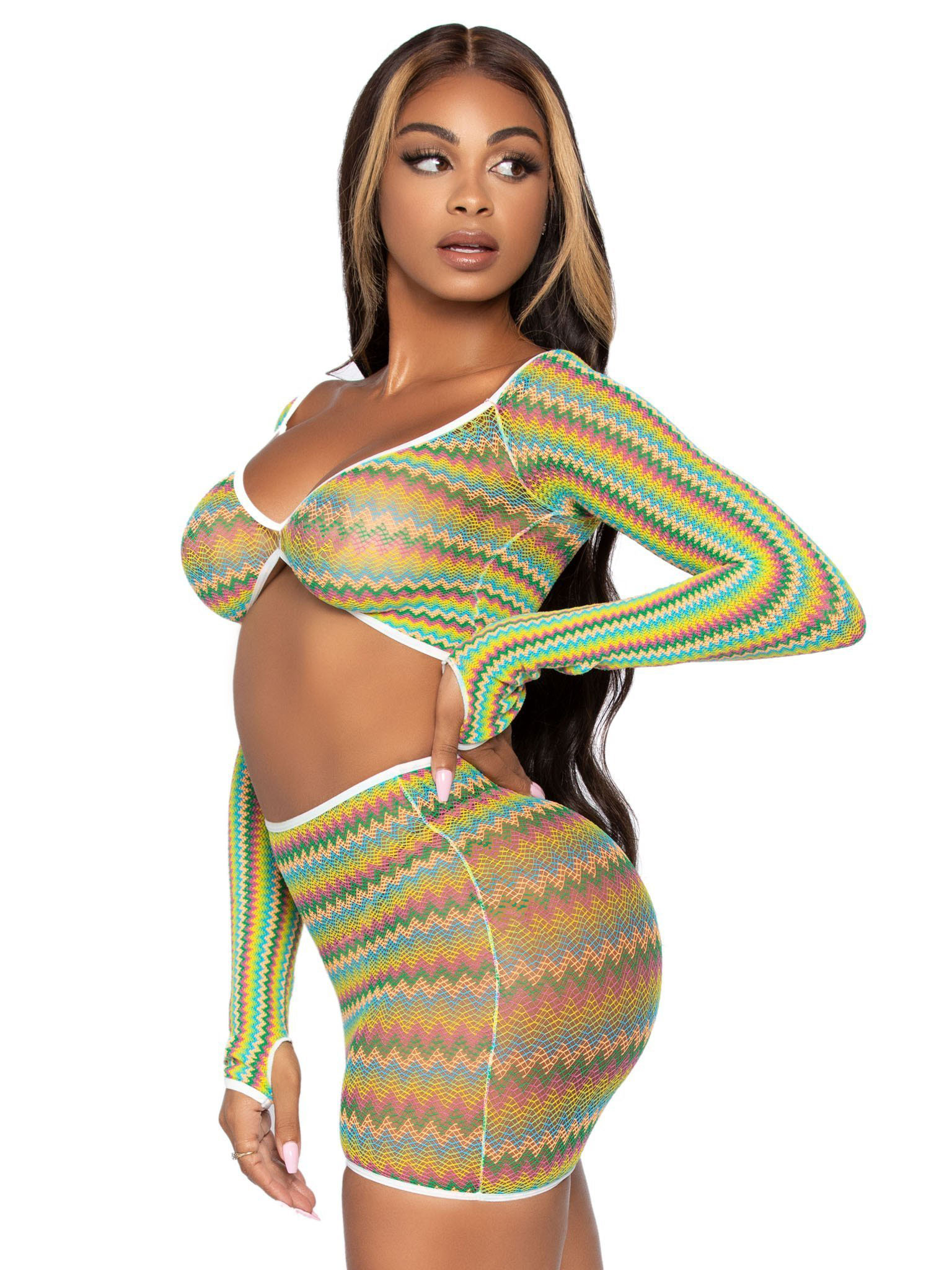 pc zig zag net crop top and mini dress one  size green 