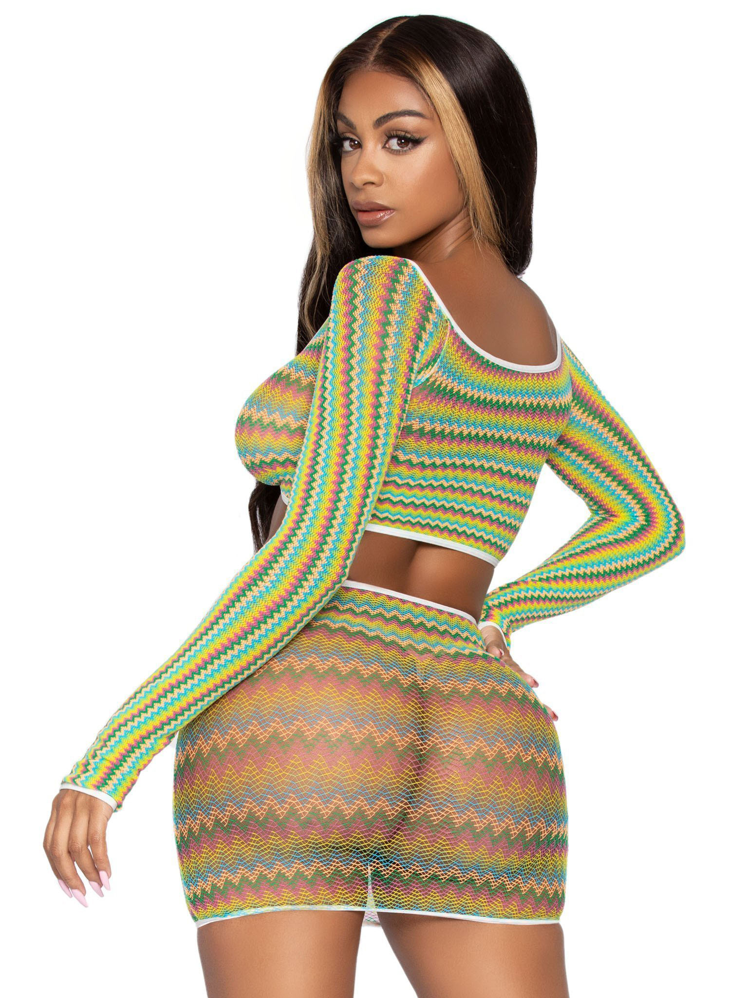 pc zig zag net crop top and mini dress one  size green 