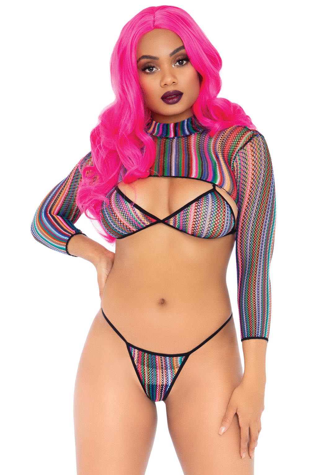 pc fishnet bikini g string and crop top one size multicolor 