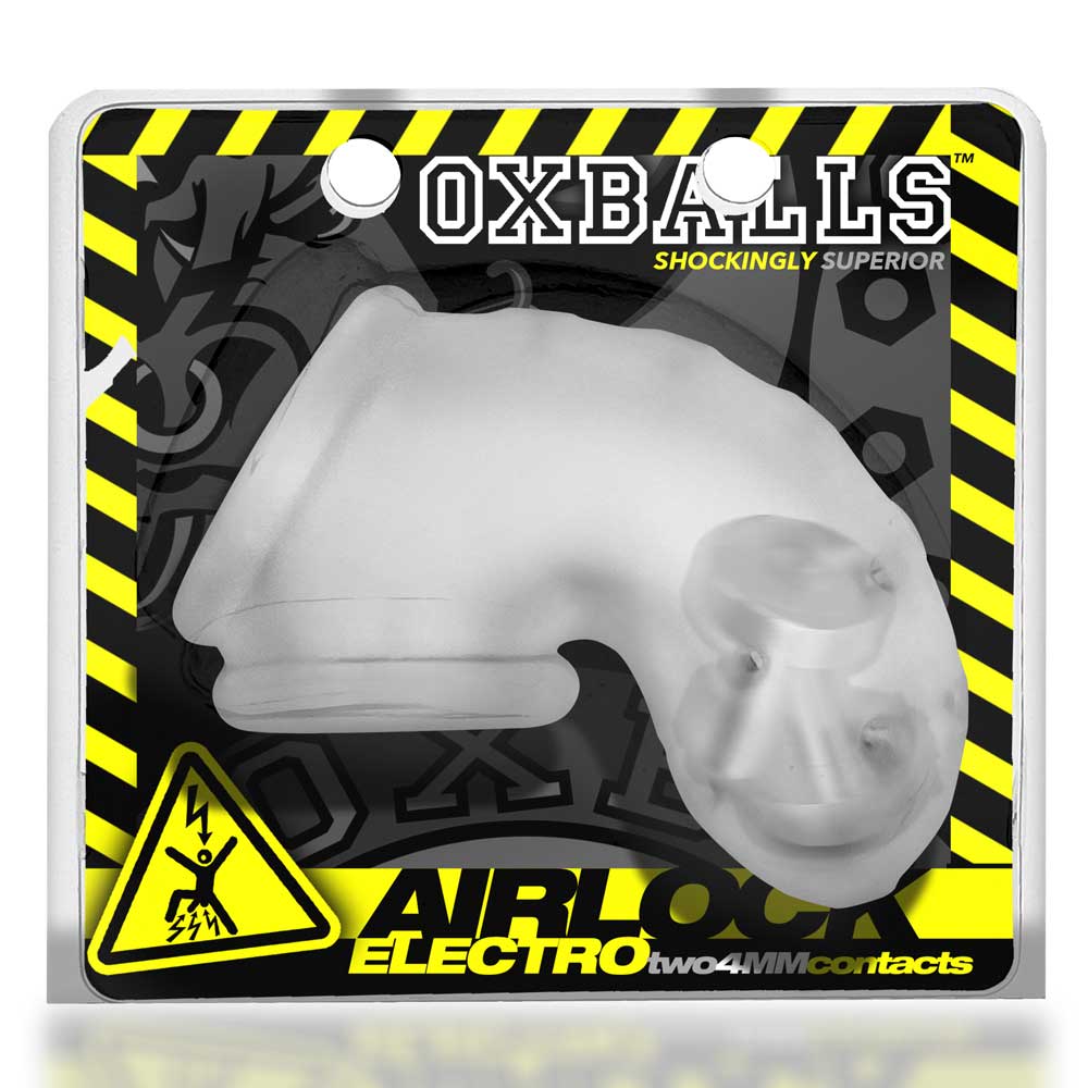 airlock electro air lite vented chastity with two  mm contacts clear ice 