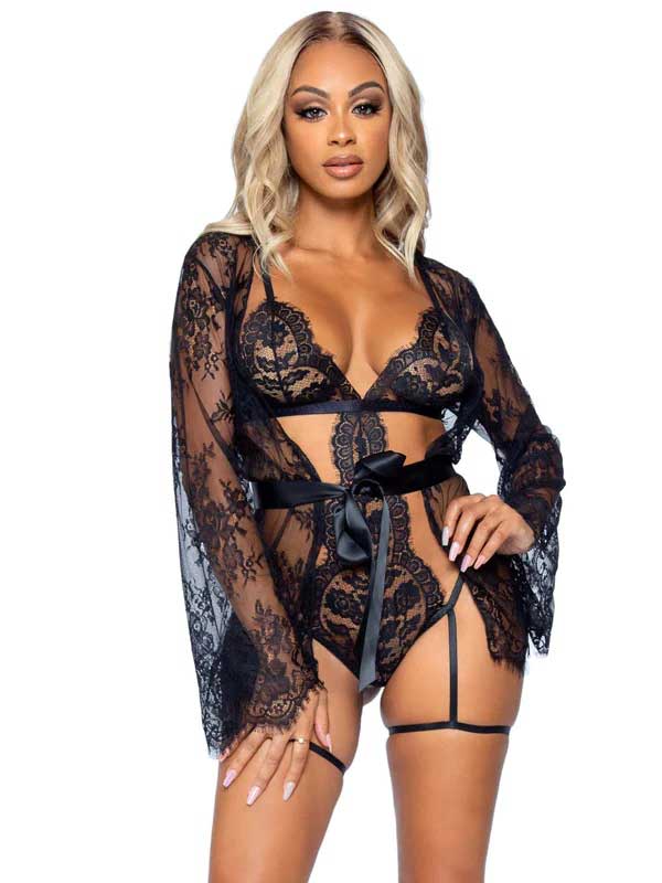 all romance lace teddy and robe set large  black 