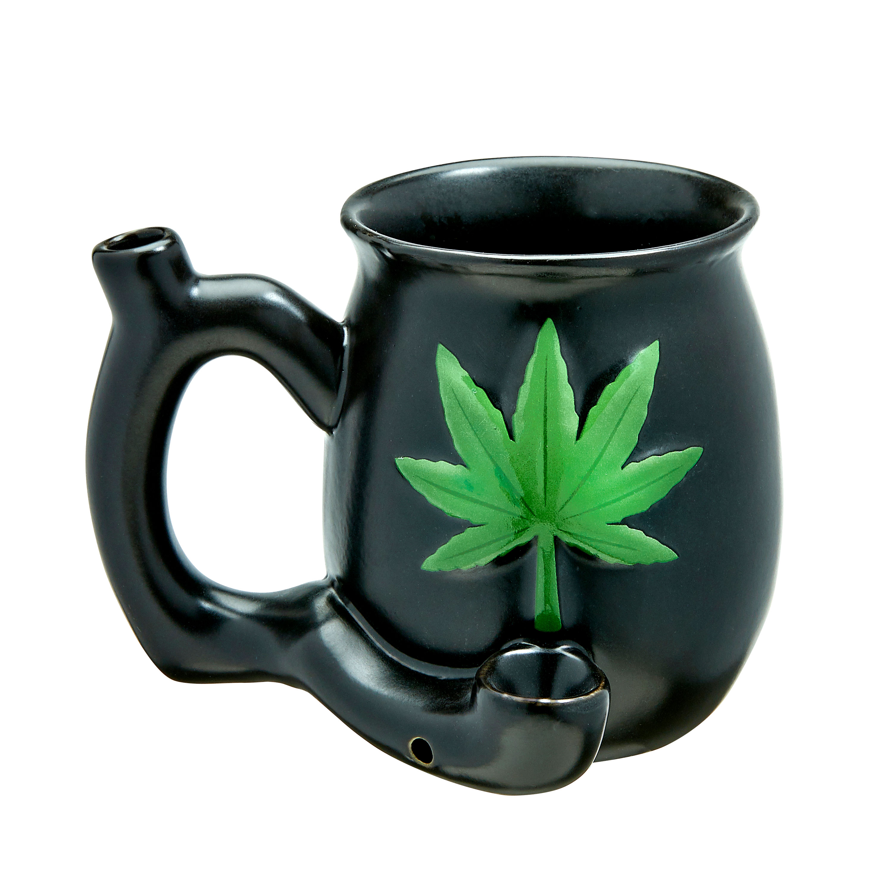 black matt mug with embossed green leaf roast  and toast 