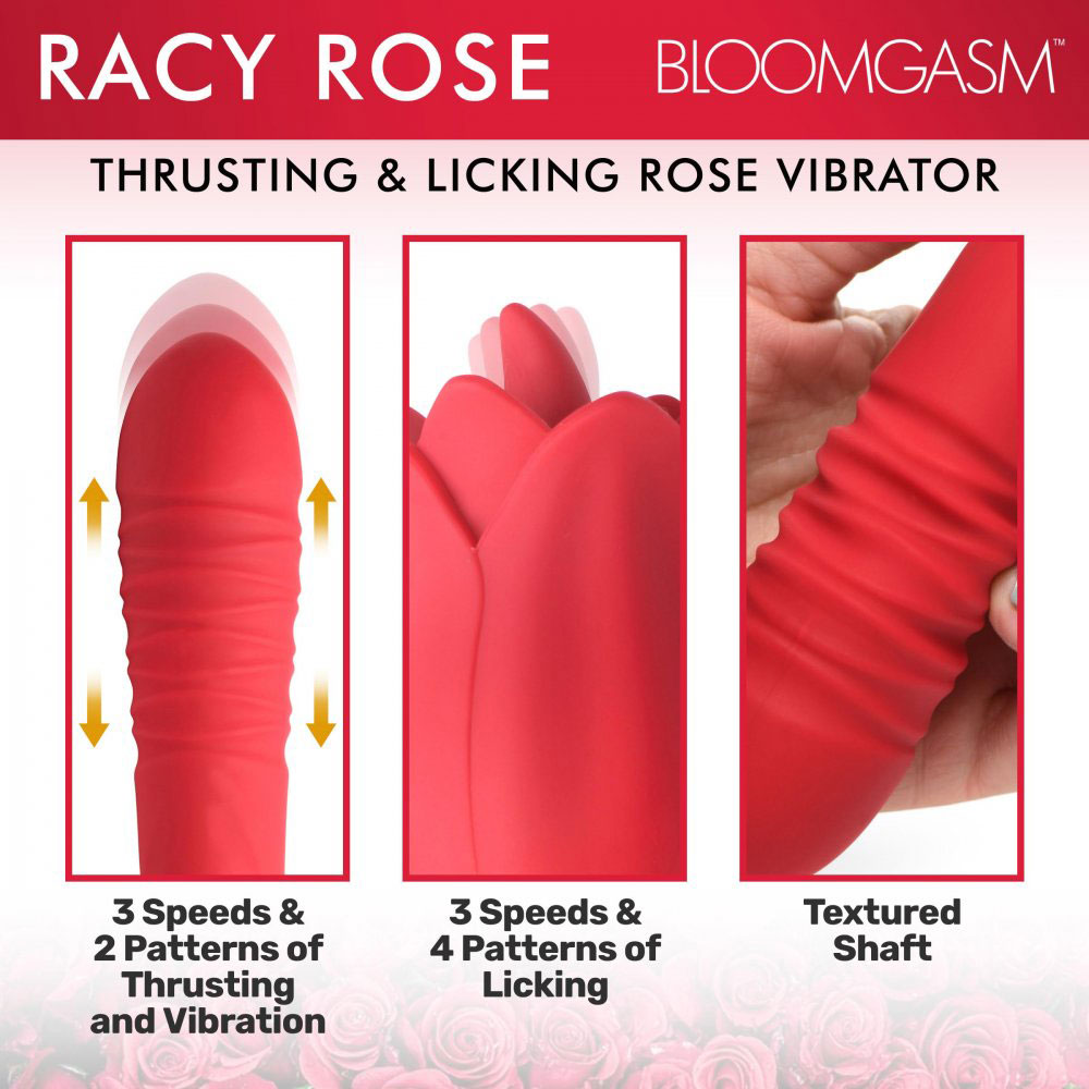 bloomgasm racy rose thrust and lick vibrator red 