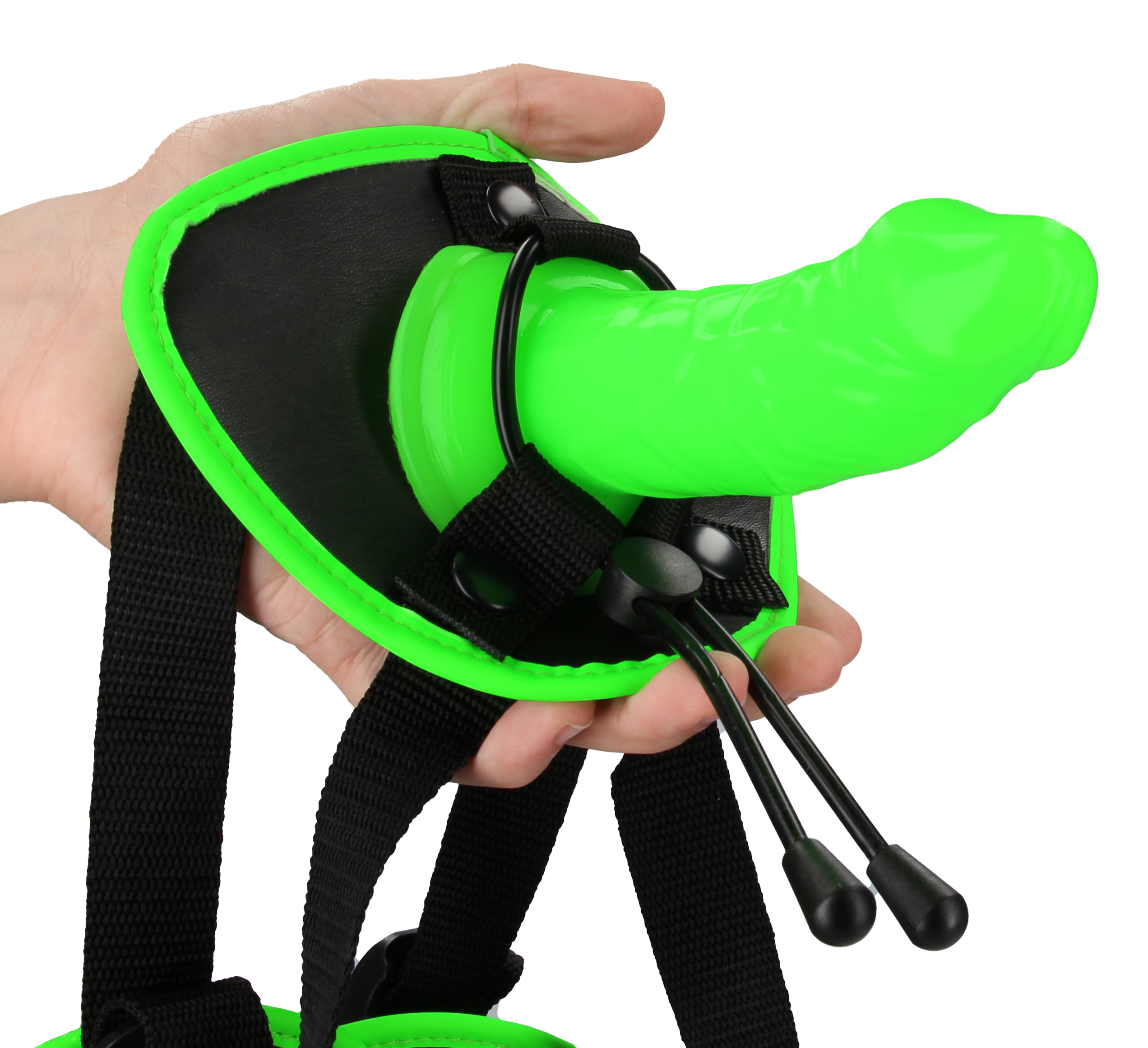 bonded leather strap on with silicone dildo .  inch glow in the dark 