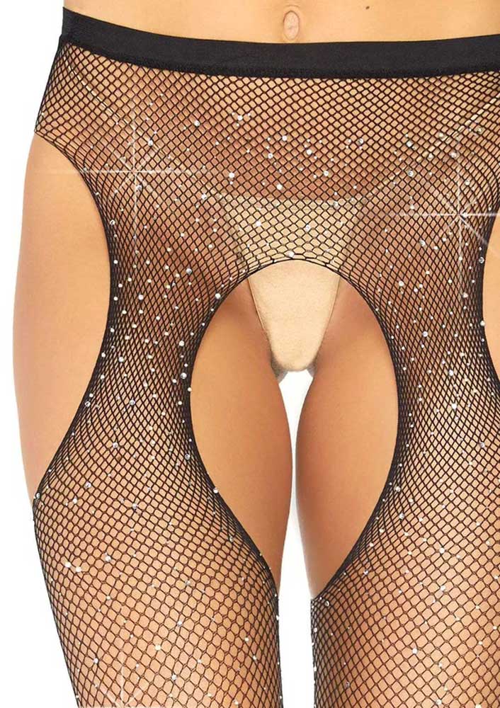 casey rhinestone fishnet suspender pantyhose one size black 