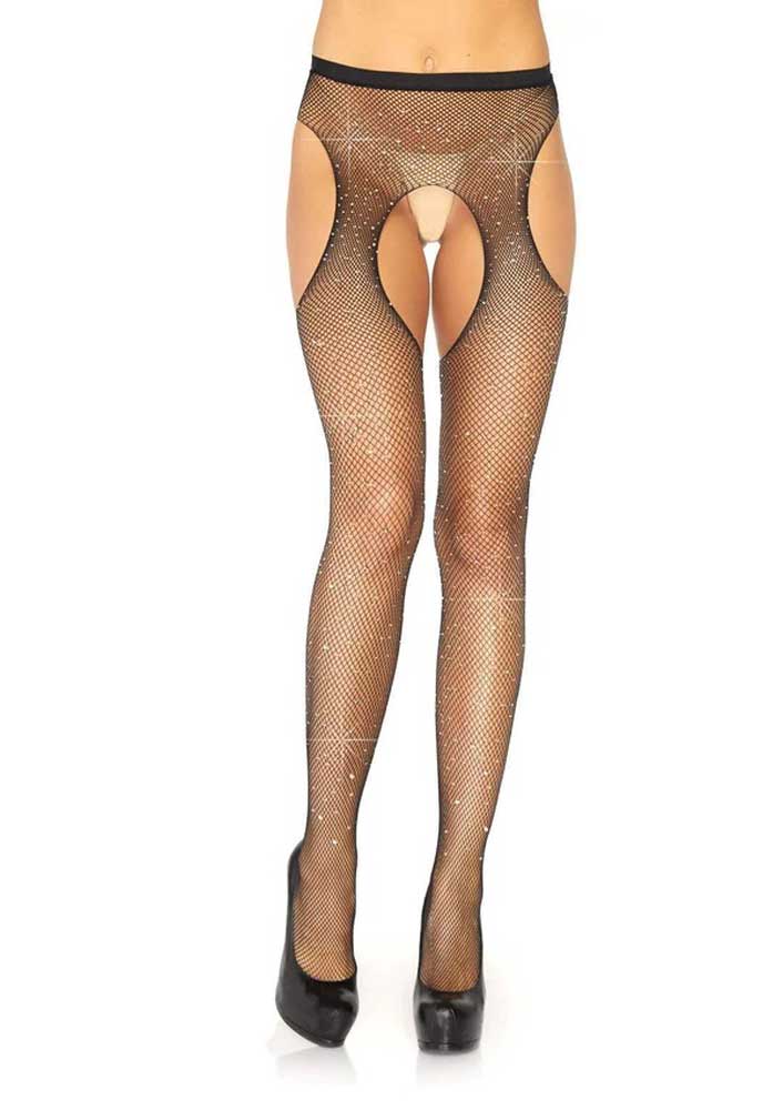 casey rhinestone fishnet suspender pantyhose one size black 