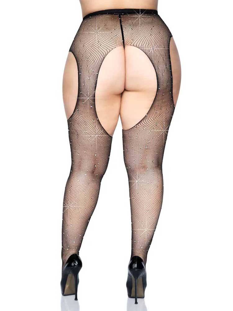 casey rhinestone fishnet suspender pantyhose queen black 