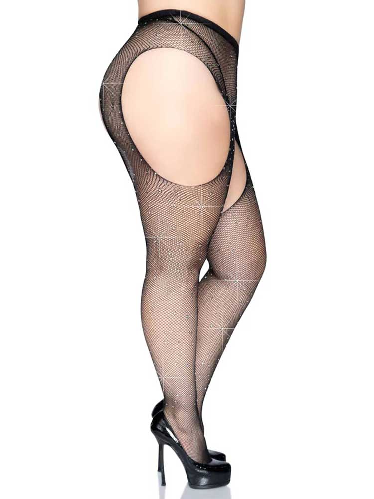 casey rhinestone fishnet suspender pantyhose queen black 