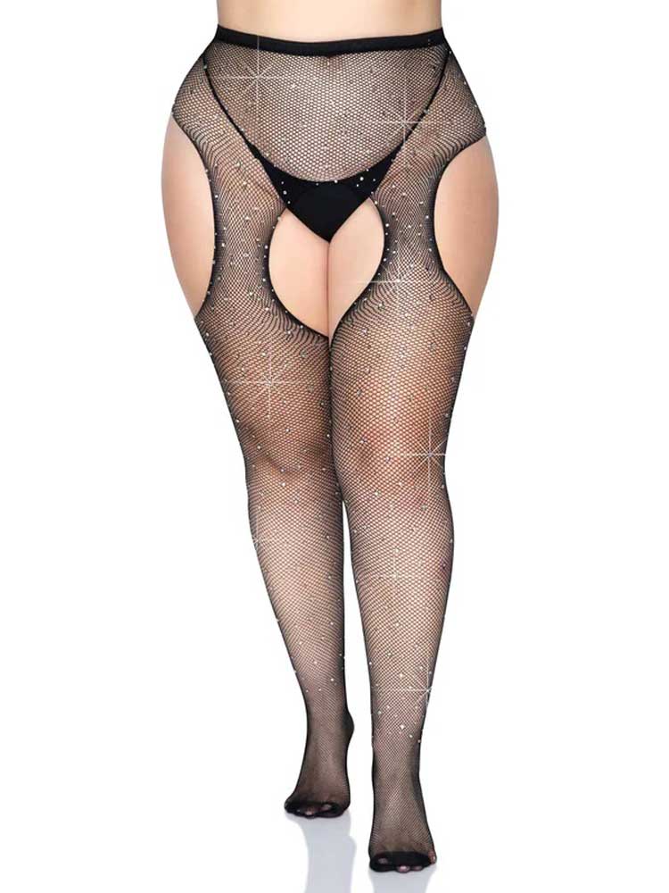 casey rhinestone fishnet suspender pantyhose queen black 