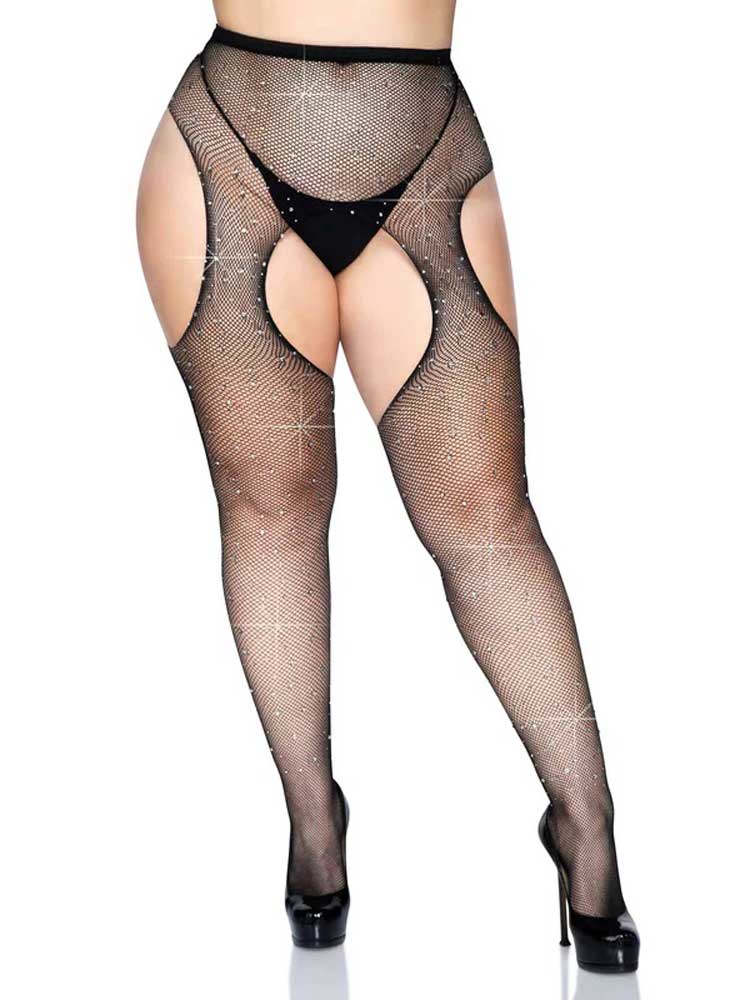 casey rhinestone fishnet suspender pantyhose queen black 