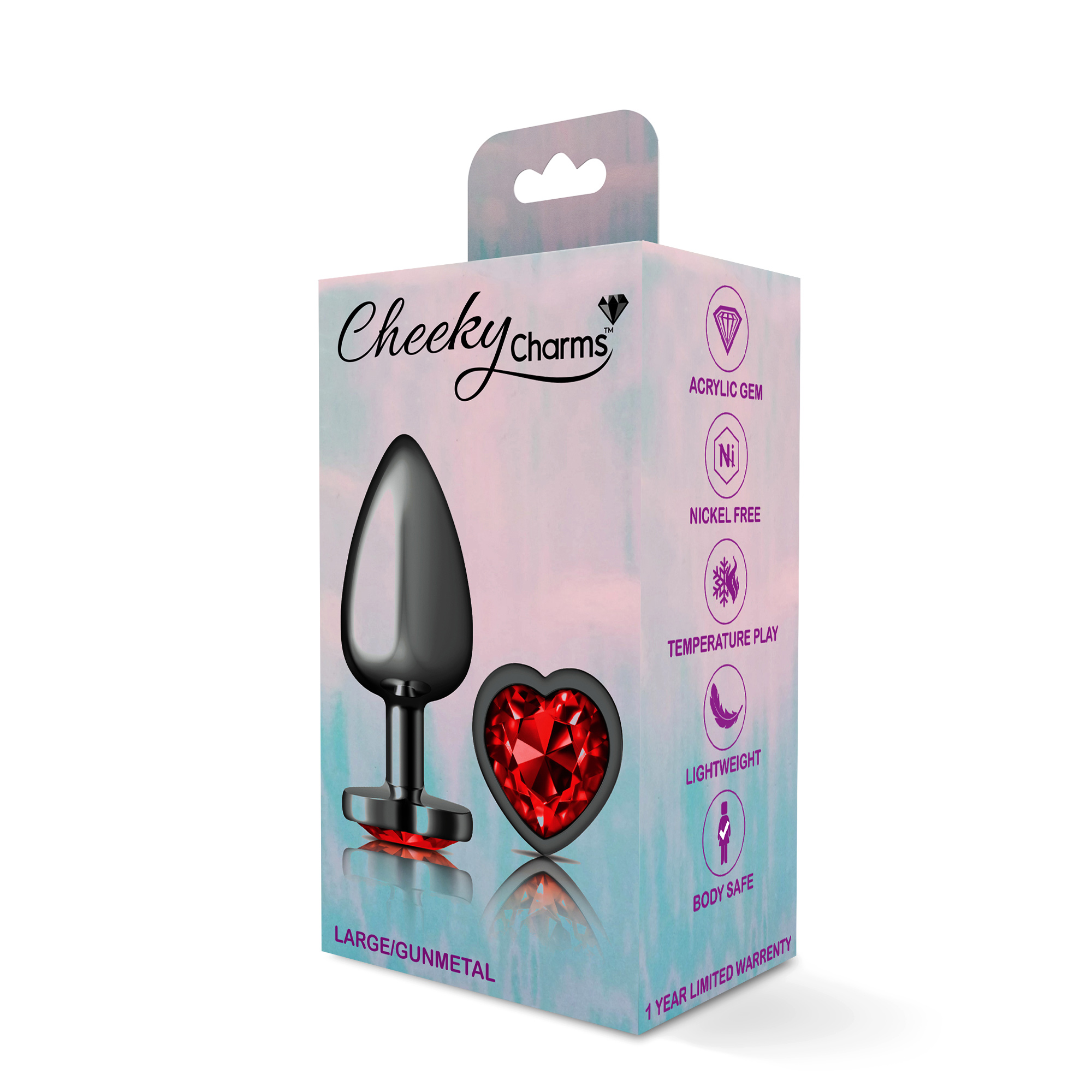 cheeky charms gunmetal metal butt plug  heart dark red large 