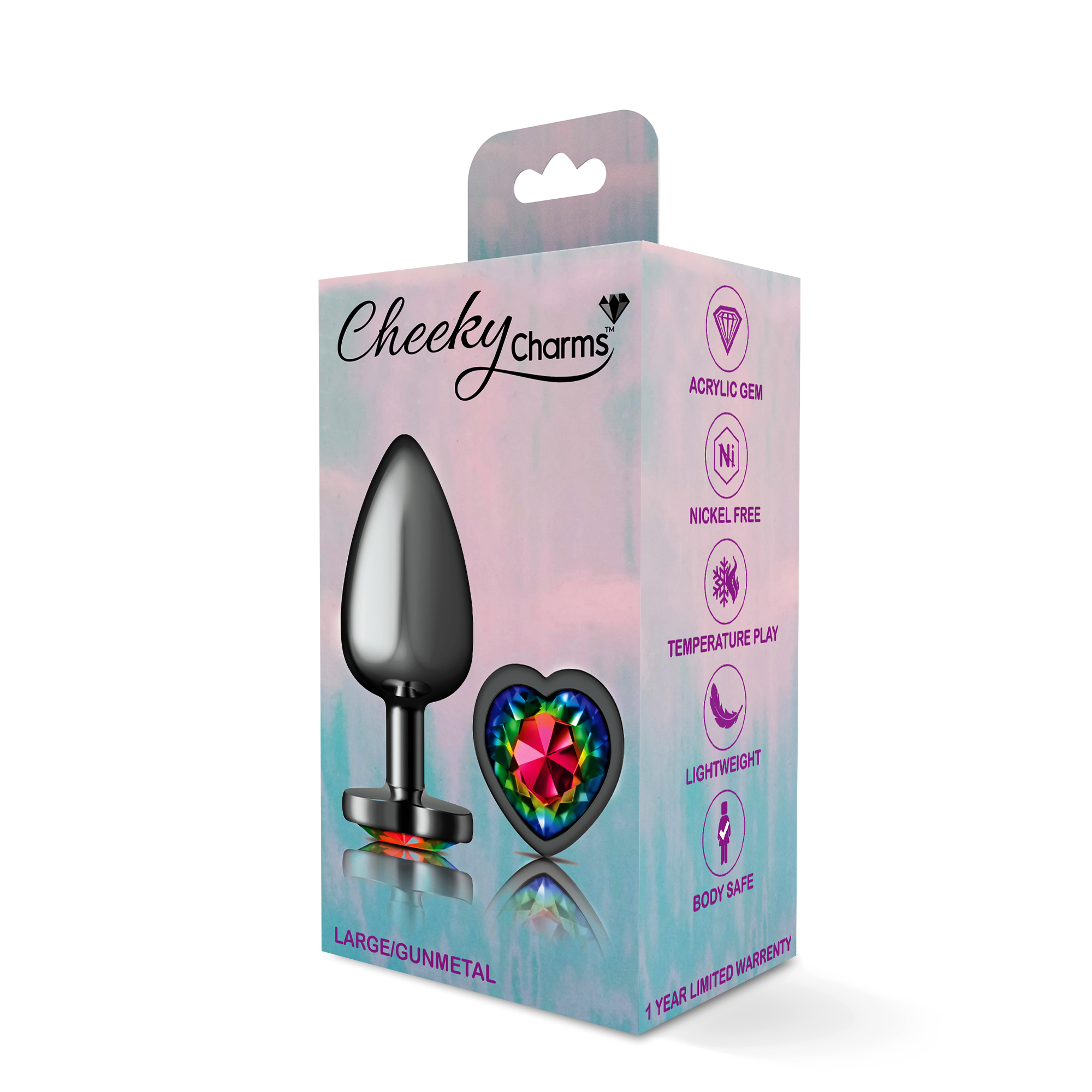 cheeky charms gunmetal metal butt plug  heart rainbow large 