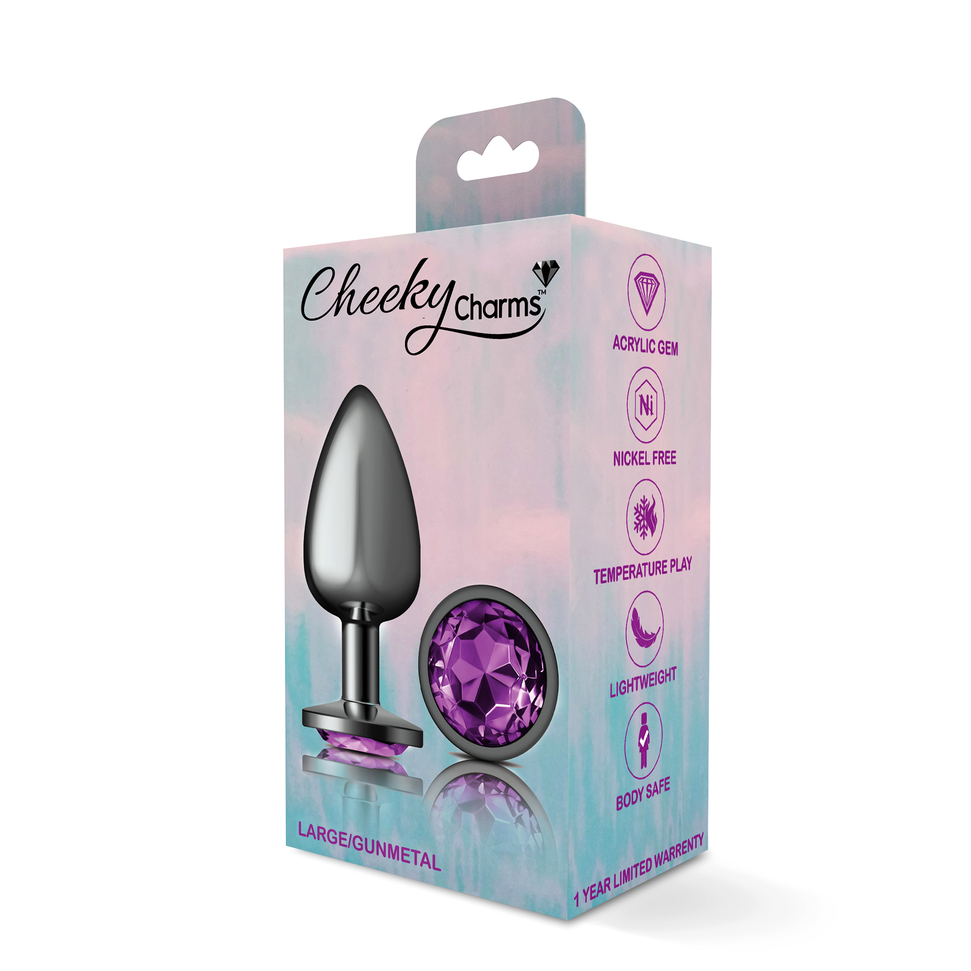 cheeky charms gunmetal metal butt plug  round deep purple large 