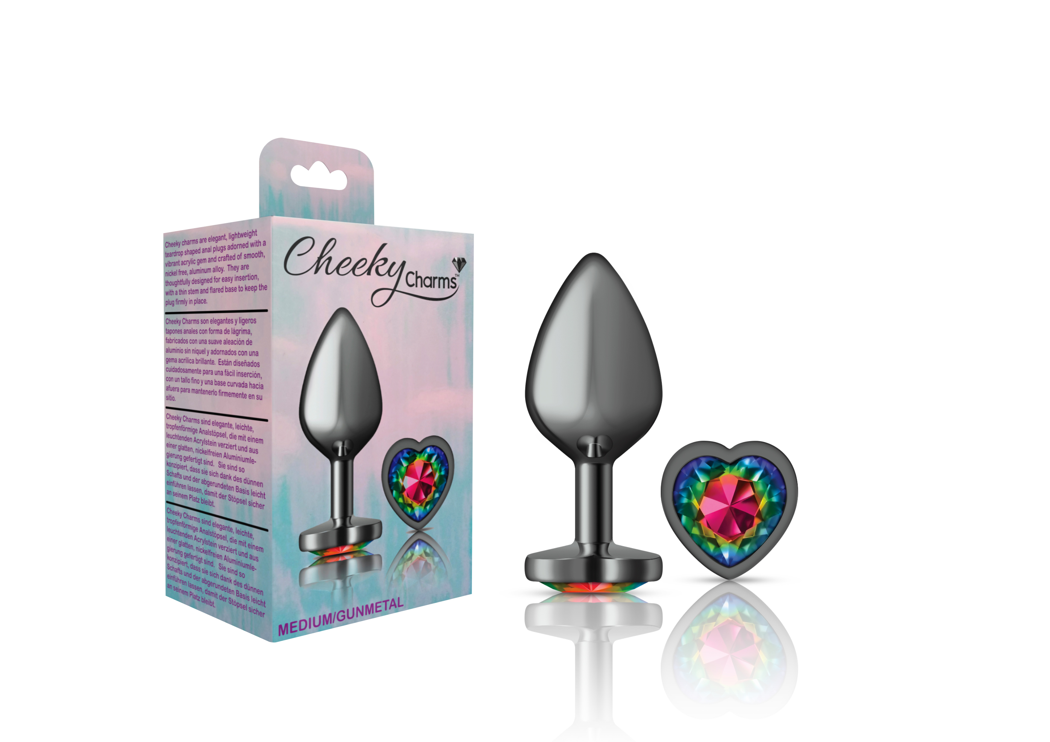 cheeky charms gunmetal metal buttplug  heart rainbow medium 