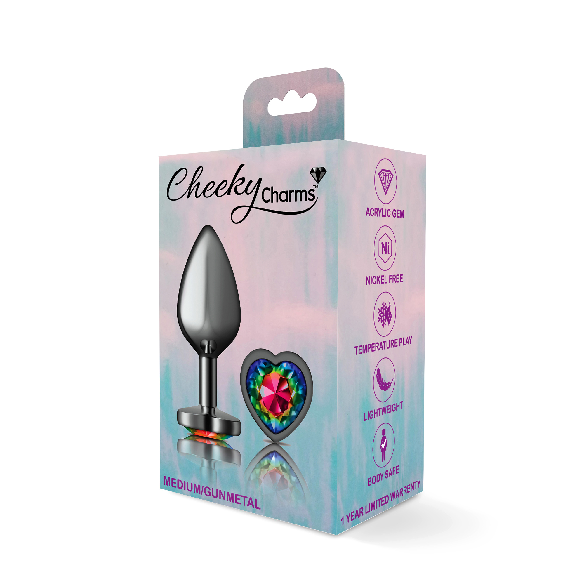 cheeky charms gunmetal metal buttplug  heart rainbow medium 