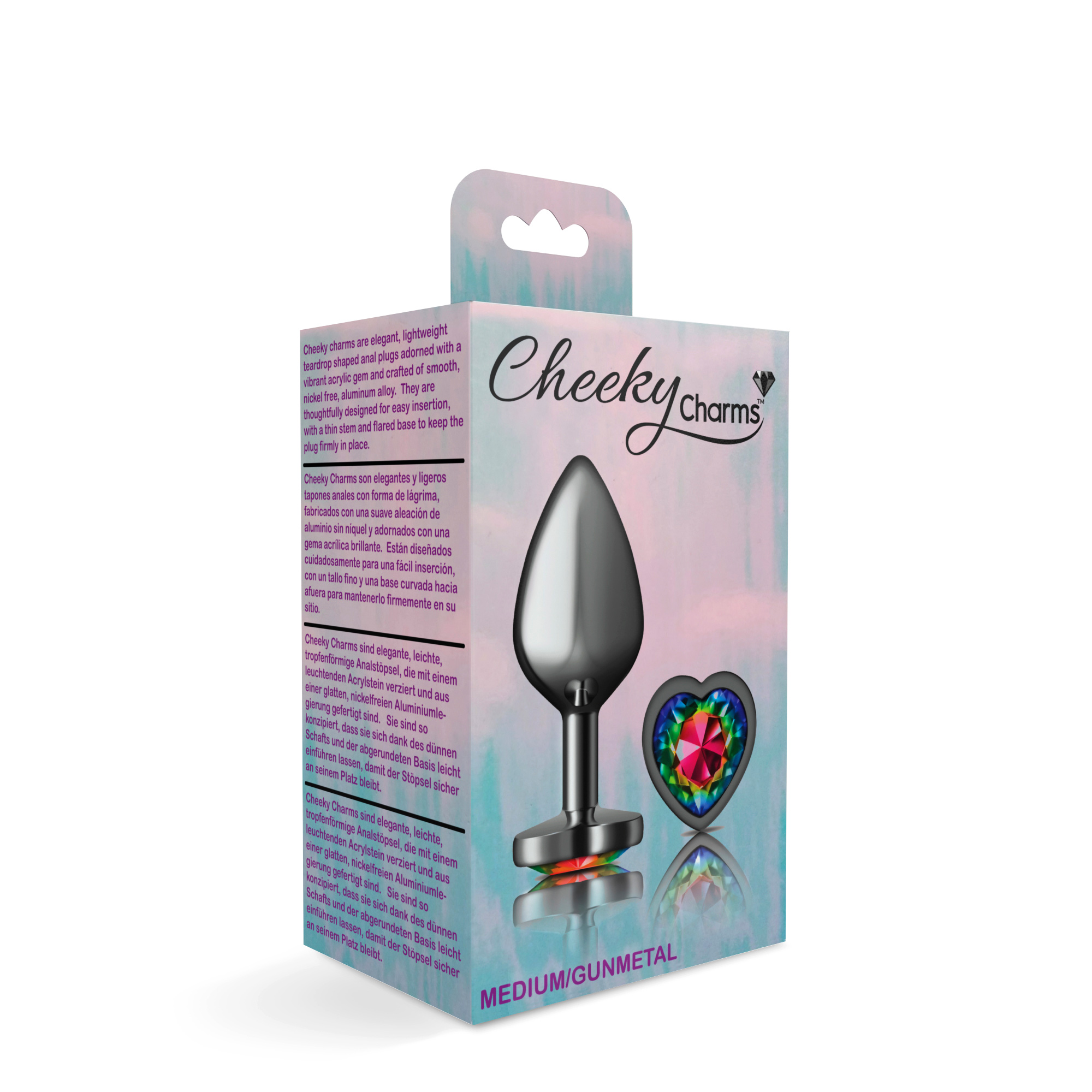 cheeky charms gunmetal metal buttplug  heart rainbow medium 