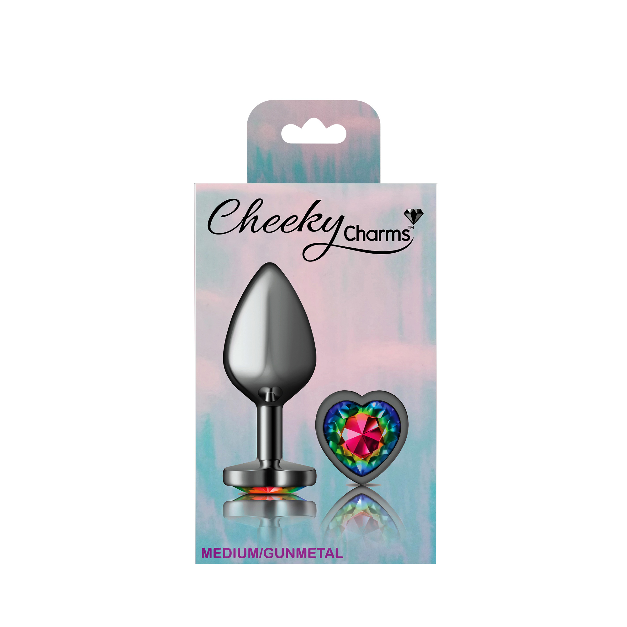 cheeky charms gunmetal metal buttplug  heart rainbow medium 