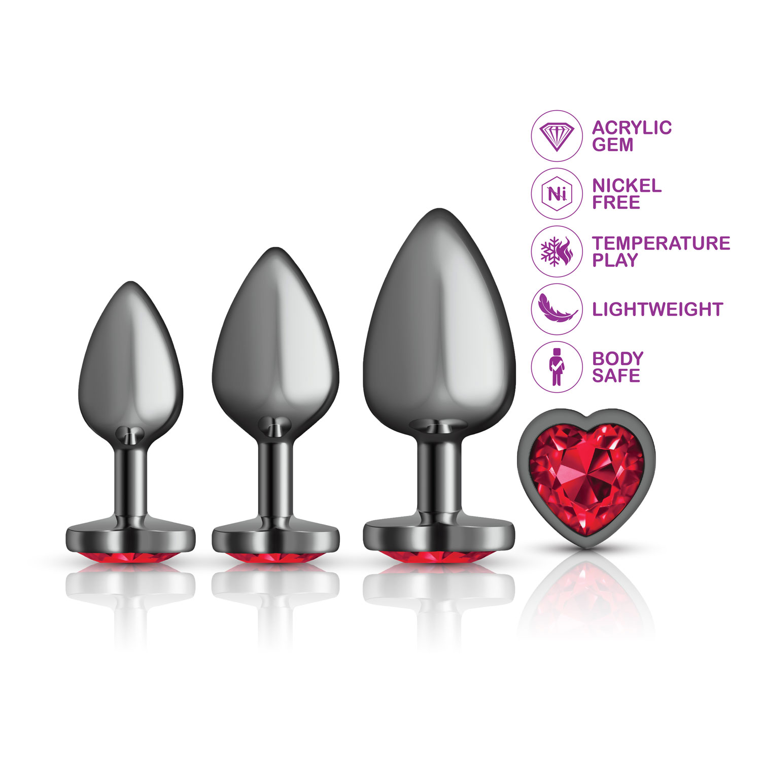 cheeky charms metal butt plug gunmetal heart dark red anal trainer kit 