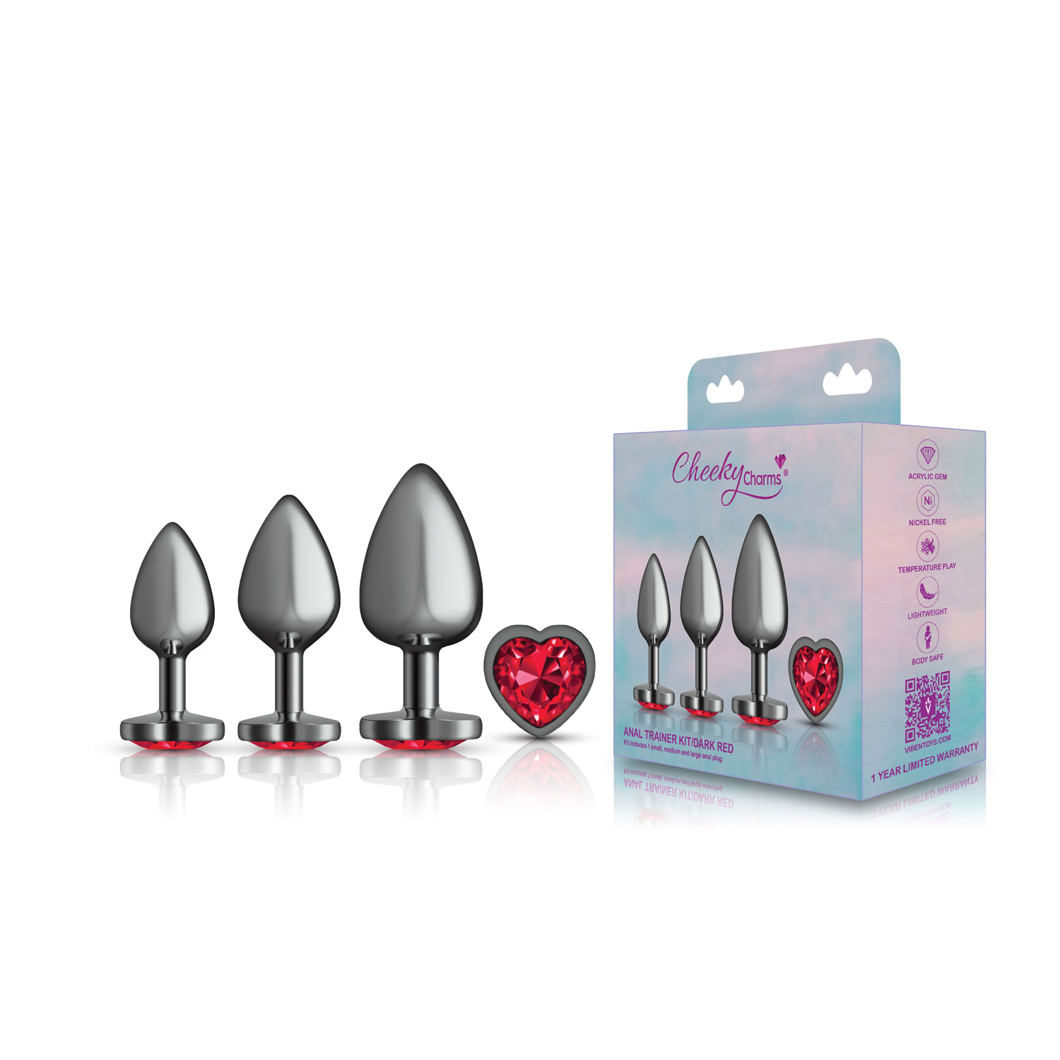 cheeky charms metal butt plug gunmetal heart dark red anal trainer kit 