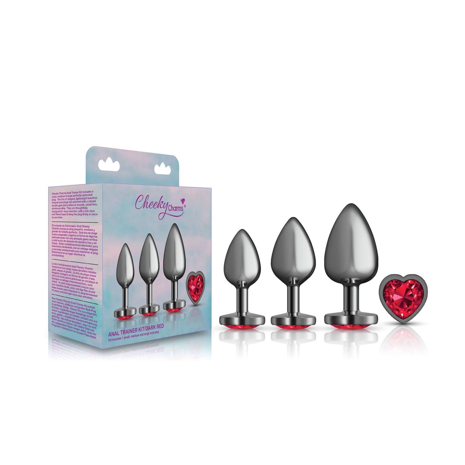 cheeky charms metal butt plug gunmetal heart dark red anal trainer kit 