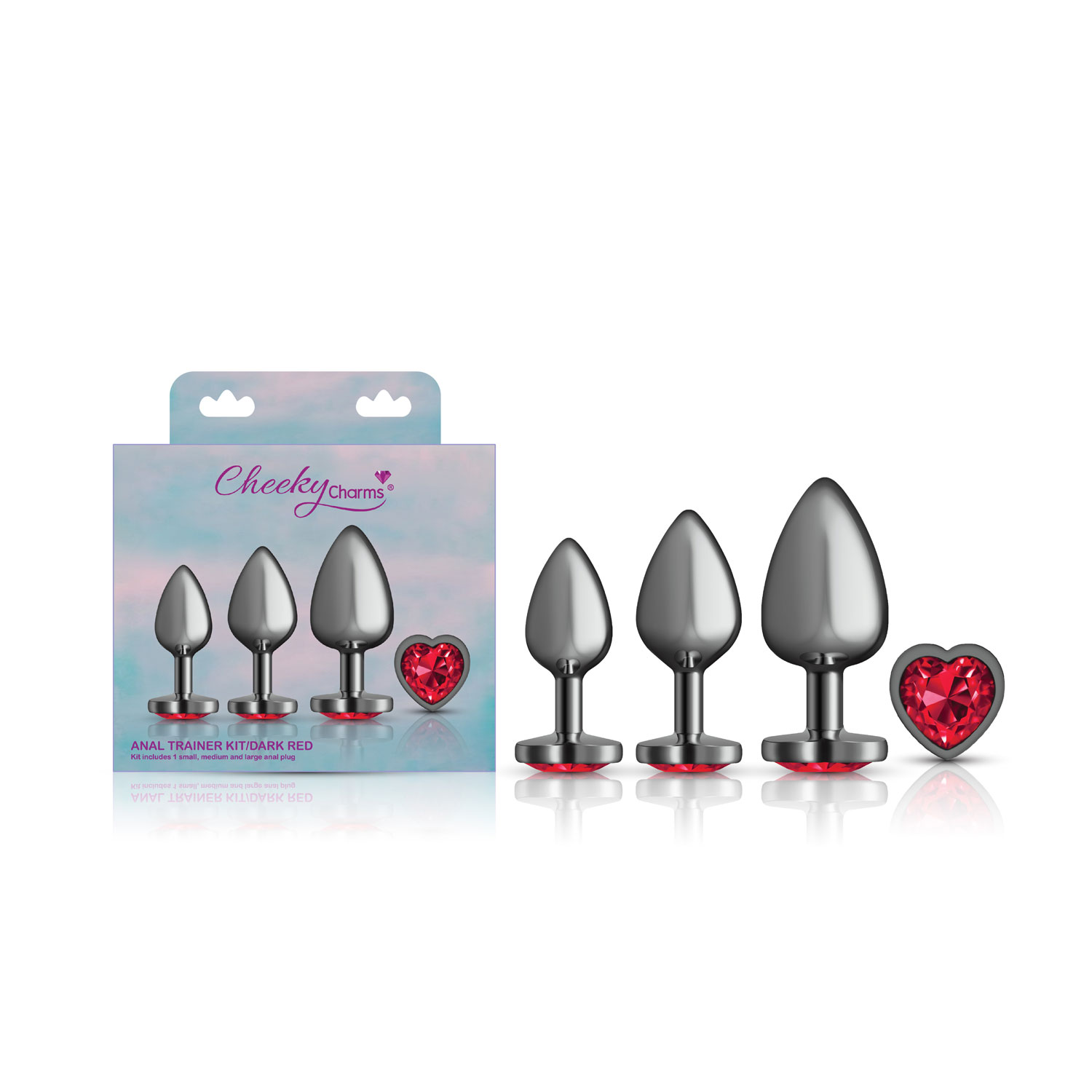 cheeky charms metal butt plug gunmetal heart dark red anal trainer kit 