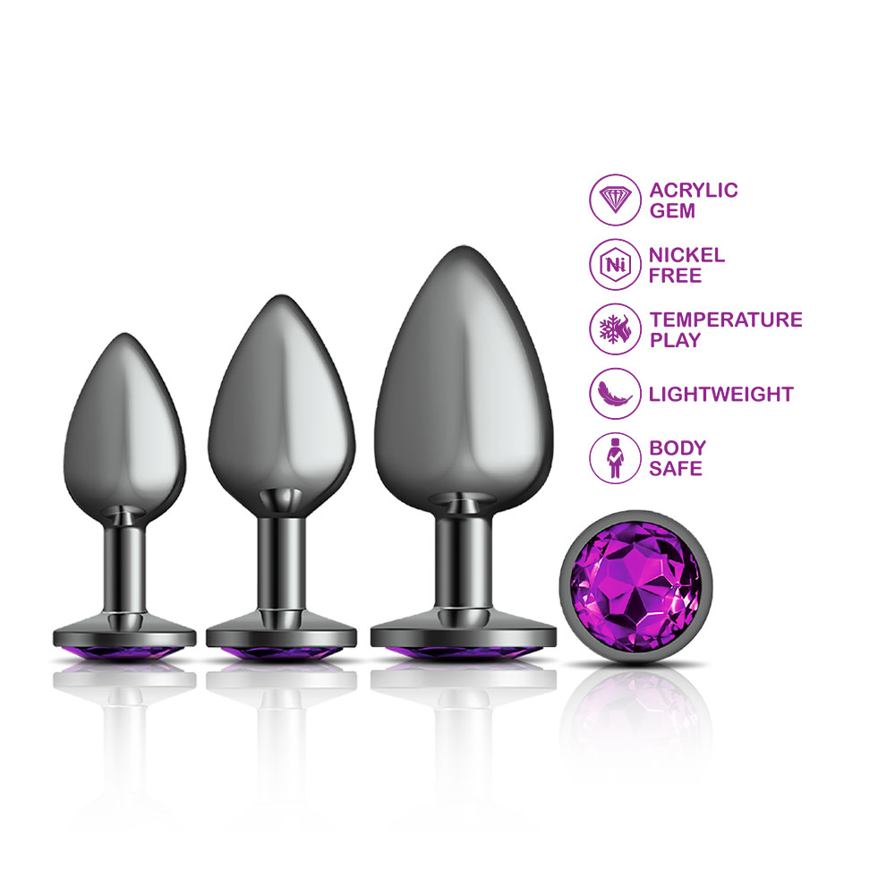 cheeky charms metal butt plug gunmetal round deep purple anal trainer kit 