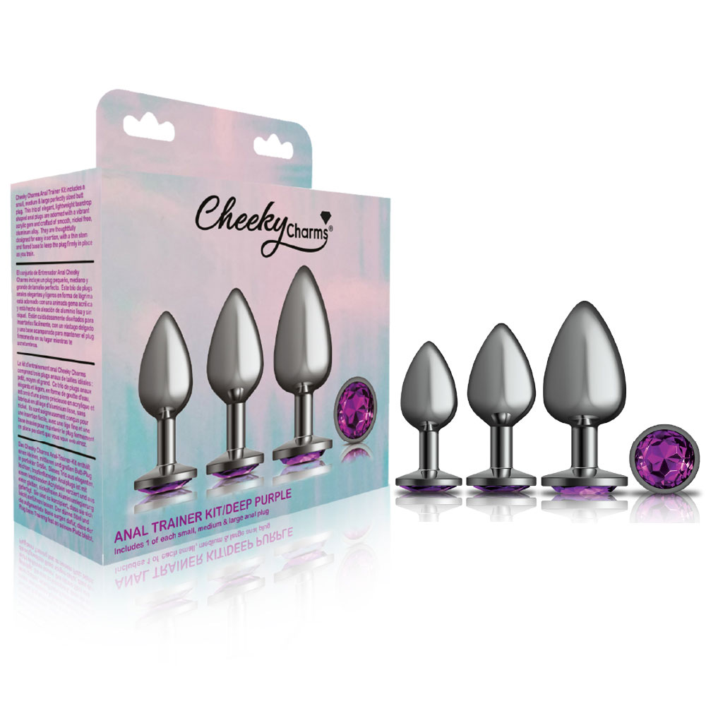 cheeky charms metal butt plug gunmetal round deep purple anal trainer kit 