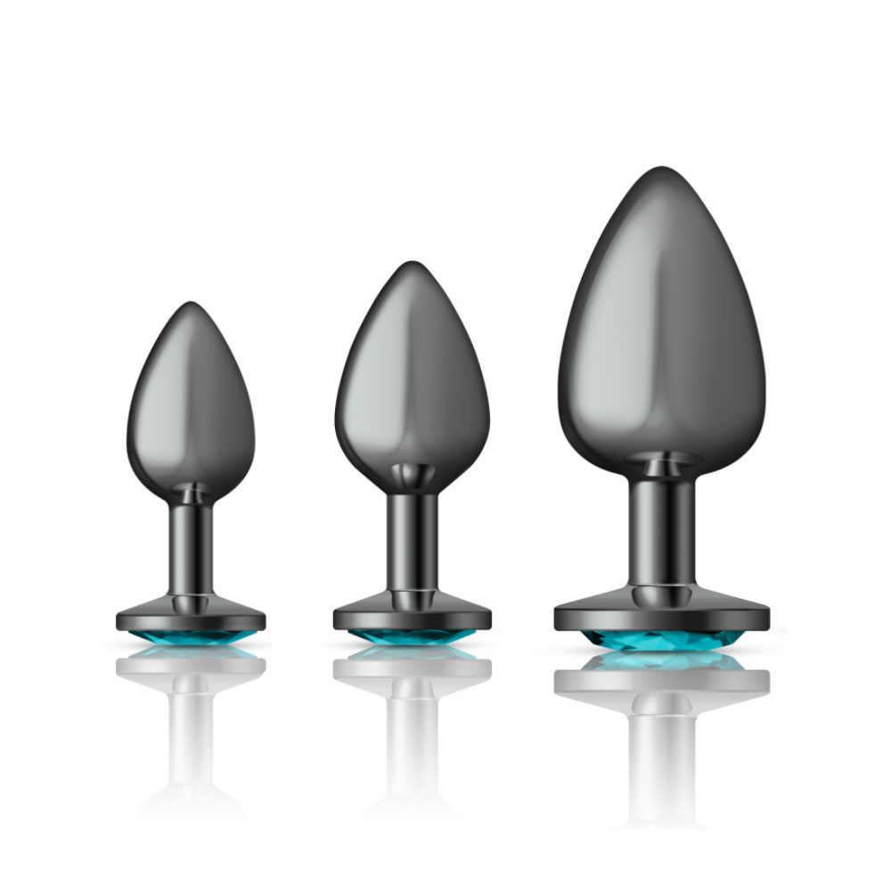 cheeky charms metal butt plug gunmetal round teal  anal trainer kit 