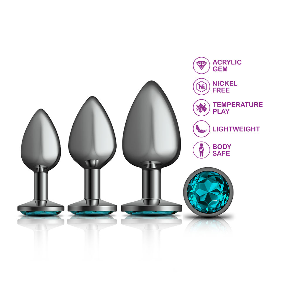 cheeky charms metal butt plug gunmetal round teal  anal trainer kit 