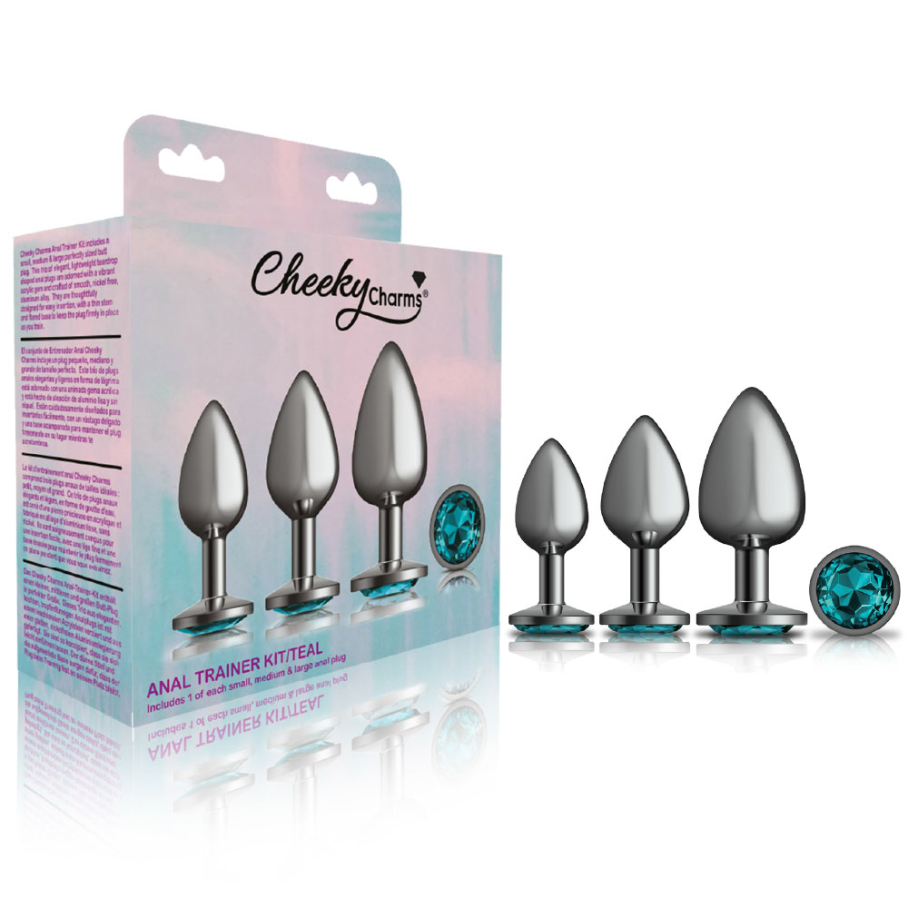 cheeky charms metal butt plug gunmetal round teal  anal trainer kit 