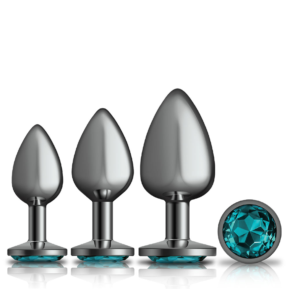 cheeky charms metal butt plug gunmetal round teal  anal trainer kit 