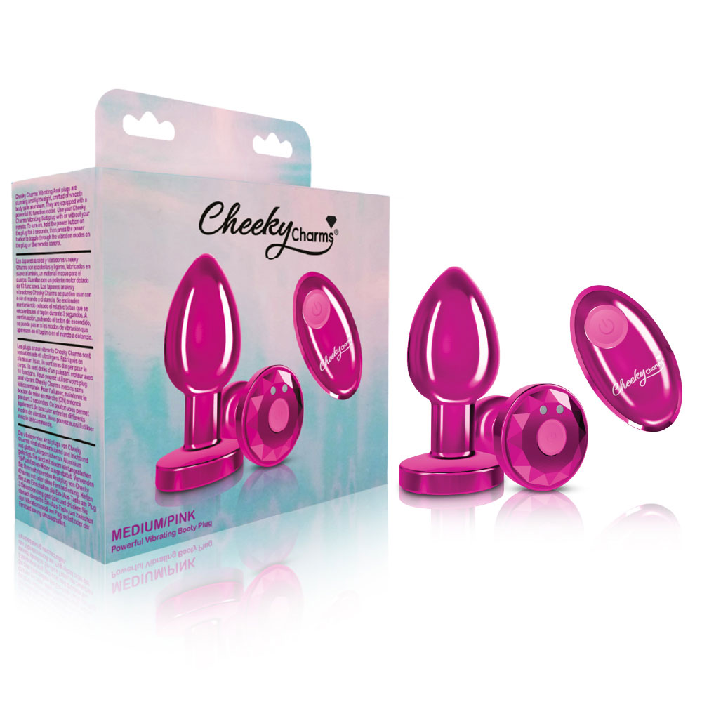 cheeky charms rechargeable vibrating metal butt  plug with remote control pink medium 