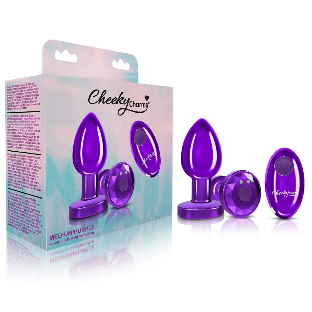 cheeky charms rechargeable vibrating metal butt  plug with remote control purple medium 