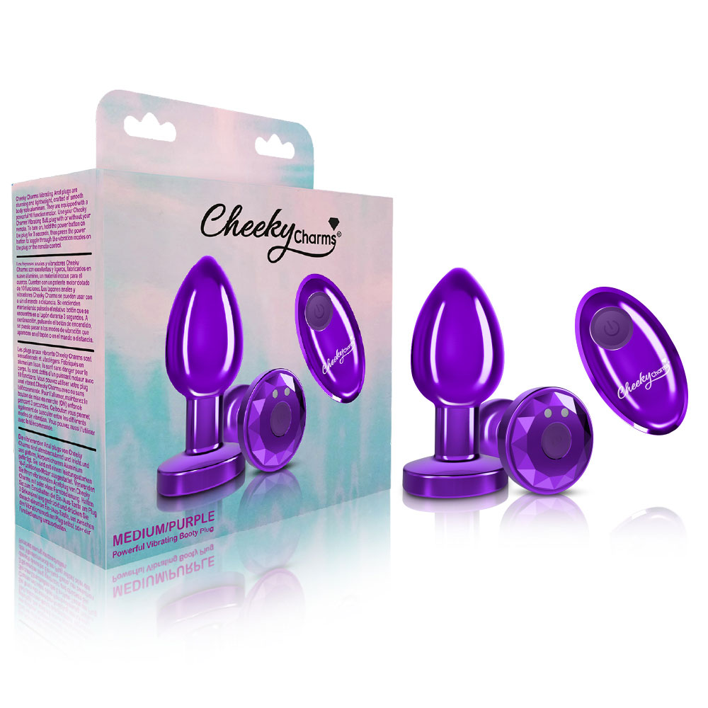 cheeky charms rechargeable vibrating metal butt  plug with remote control purple medium 