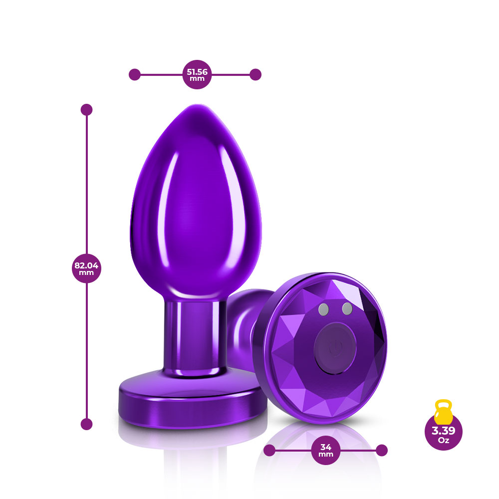 cheeky charms rechargeable vibrating metal butt  plug with remote control purple medium 