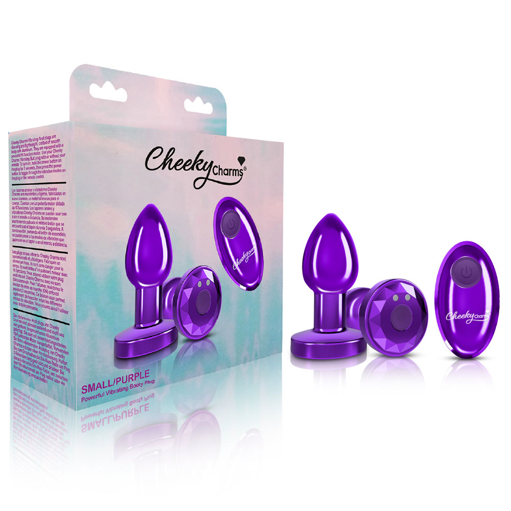 cheeky charms rechargeable vibrating metal butt  plug with remote control purple small 