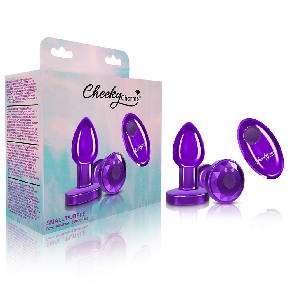 cheeky charms rechargeable vibrating metal butt  plug with remote control purple small 