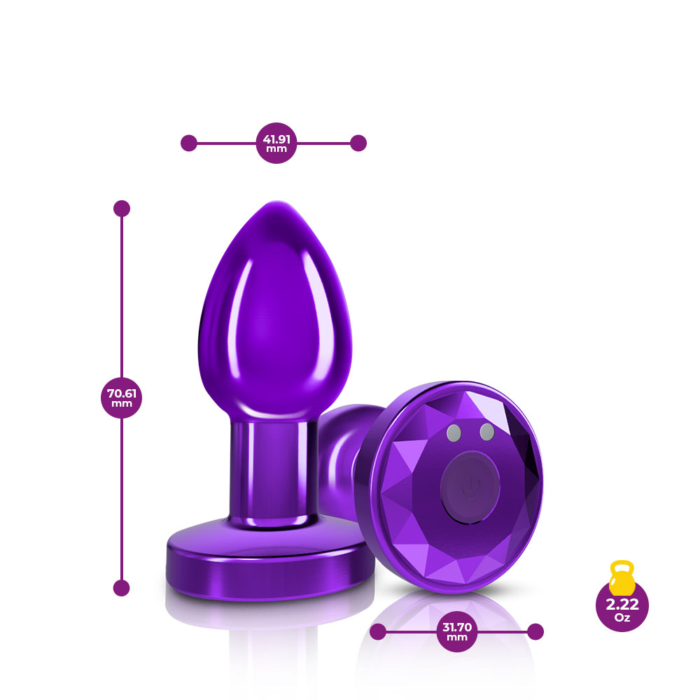 cheeky charms rechargeable vibrating metal butt  plug with remote control purple small 