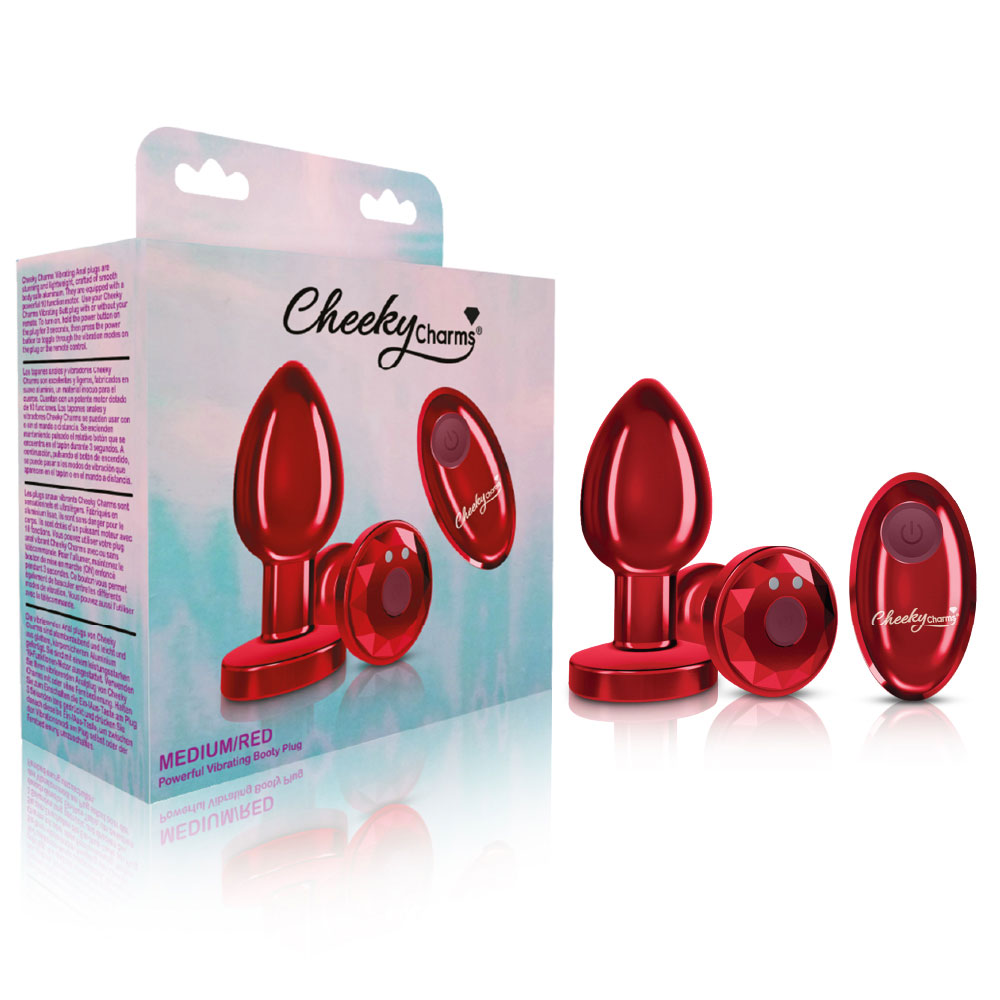 cheeky charms rechargeable vibrating metal butt  plug with remote control red medium 